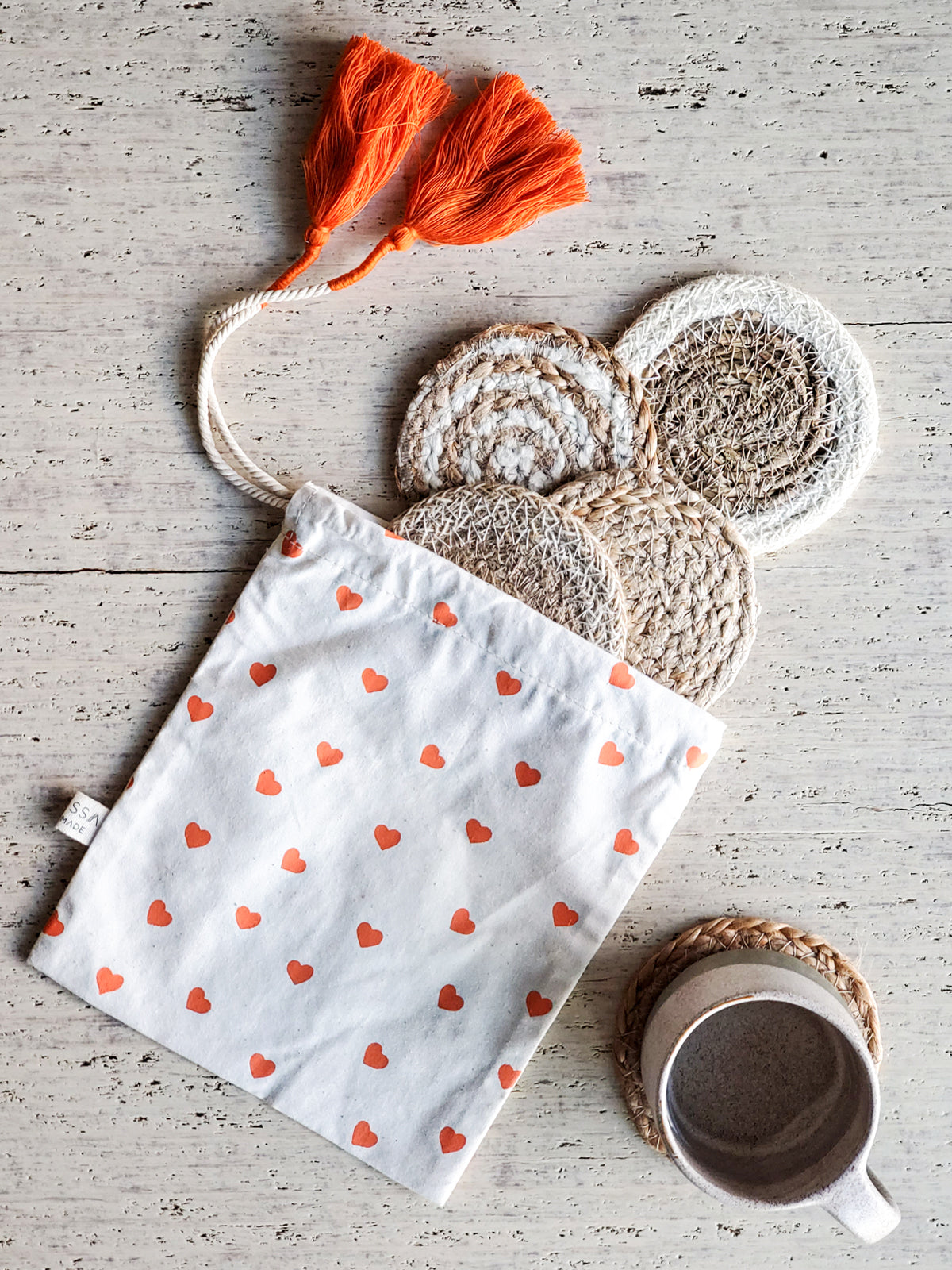 KORISSA: Natural Coaster Gift Set with Heart pouch