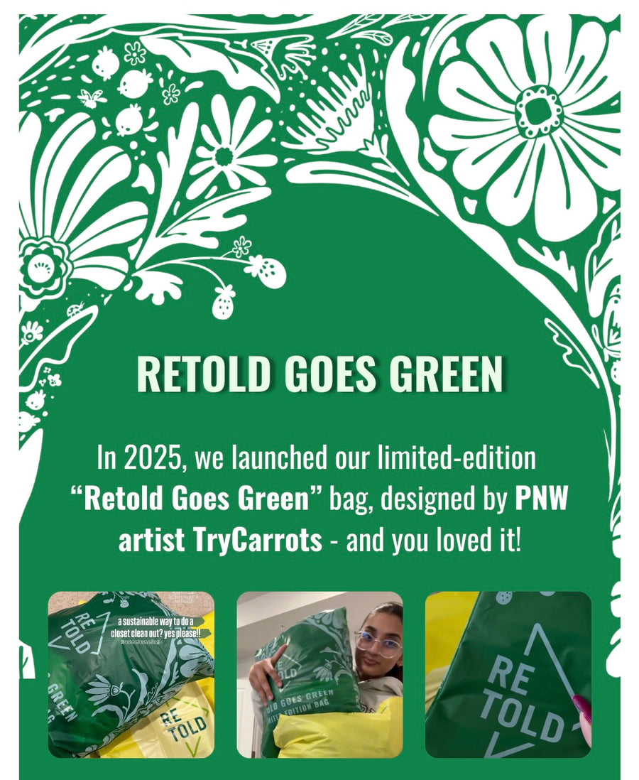 Promotional graphic for 'Retold Goes Green' bag launch with floral design and text.